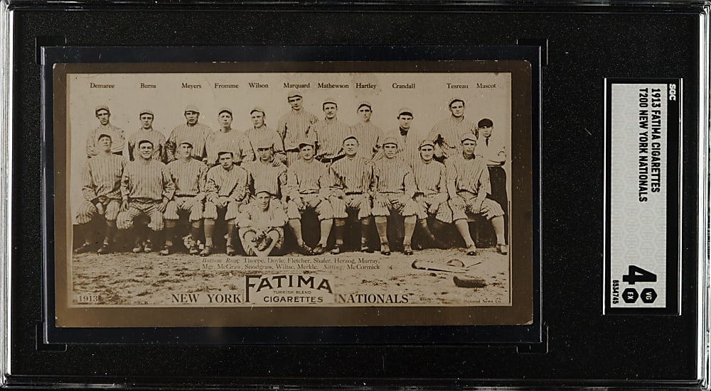 1913 T200 Fatima Team Card New York Nationals with Christy Mathewson and Jim Thorpe SGC VG/EX 4