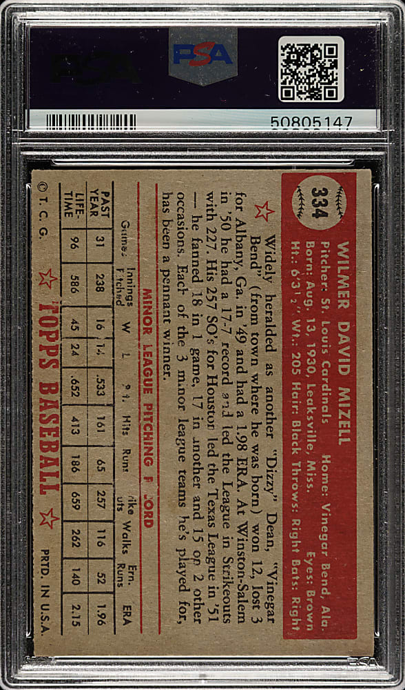 1952 Topps #334 Wilmer Mizell High Number PSA GOOD 2
