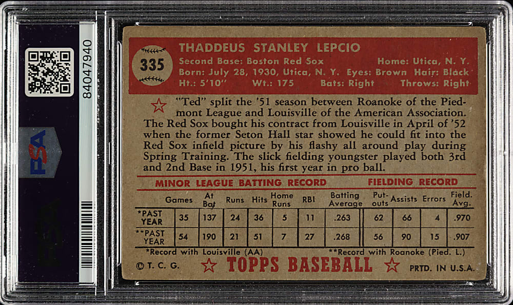 1952 Topps #335 Ted Lepcio High Number PSA VG 3