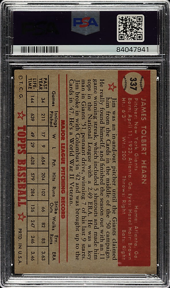 1952 Topps #337 Jim Hearn High Number PSA VG 3
