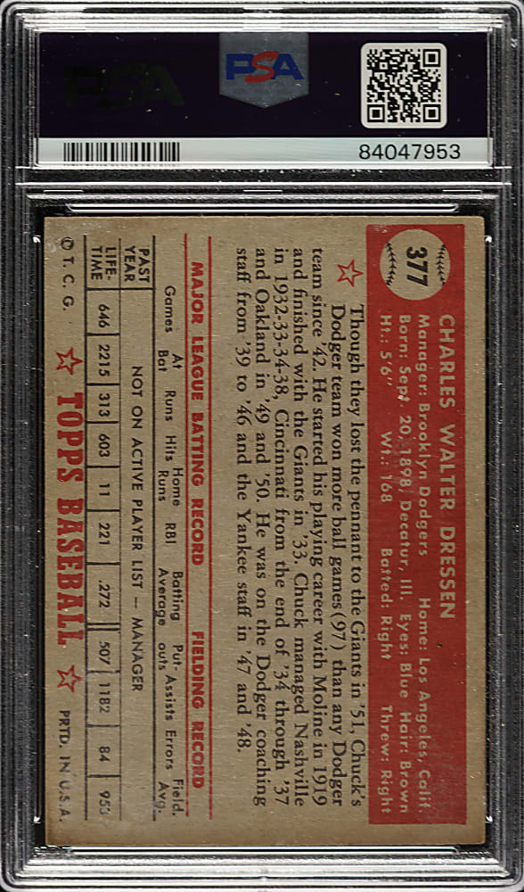 1952 Topps #377 Chuck Dressen High Number PSA FAIR 1.5