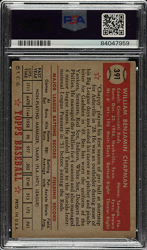 1952 Topps #391 Ben Chapman High Number PSA VG 3