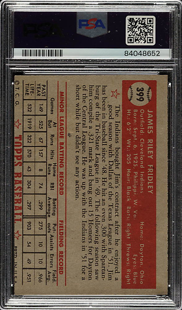 1952 Topps #399 Jim Fridley High Number PSA EX 5 (MC)