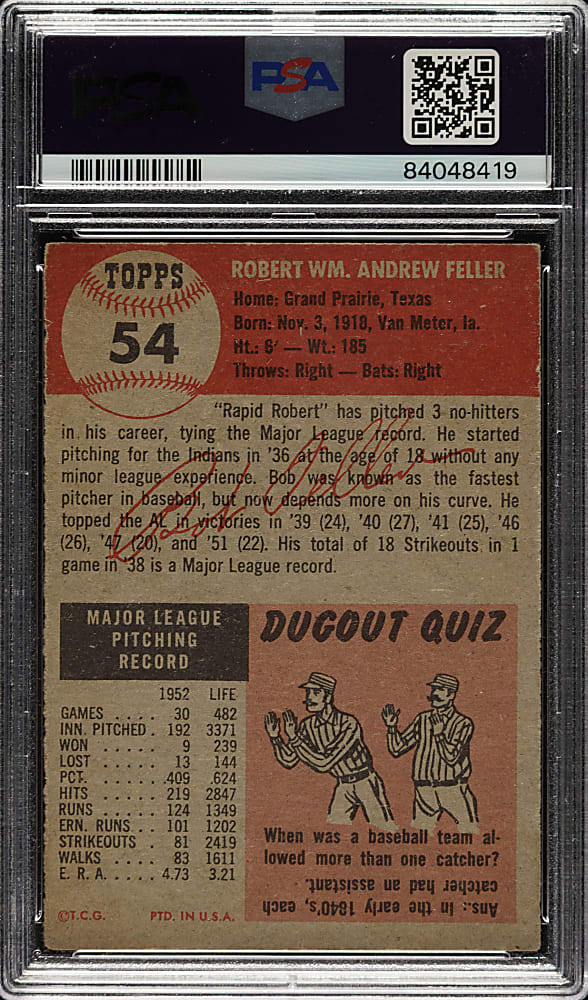 1953 Topps #54 Bob Feller PSA VG 3