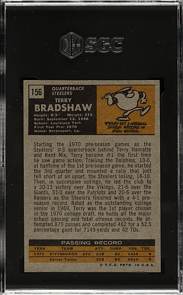 1971 Topps Football #156 Terry Bradshaw Rookie SGC NM+ 7.5