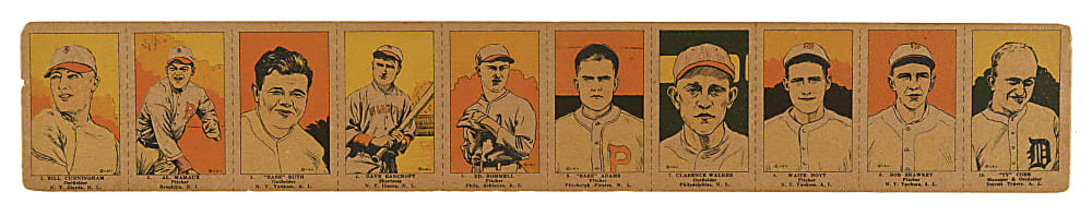 1923 W515-1 Uncut Strip (10 Cards) Including Babe Ruth and Ty Cobb
