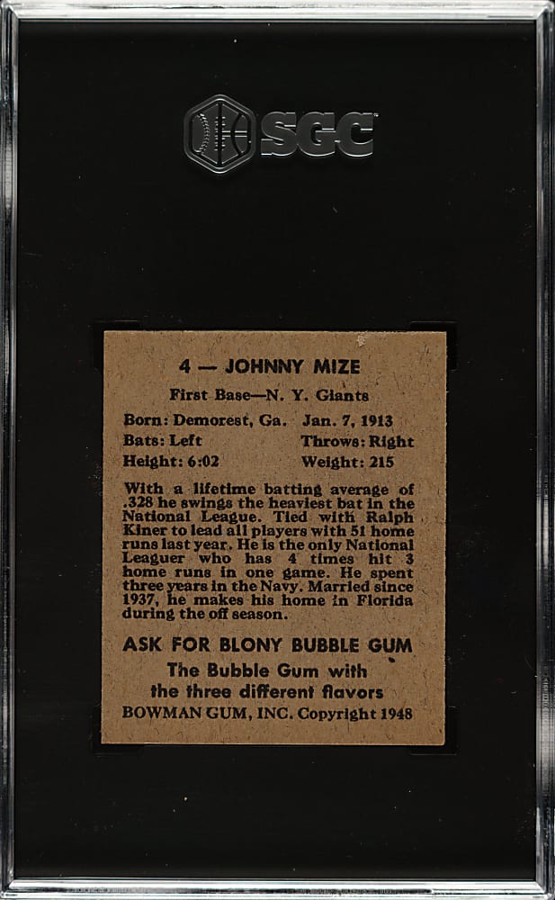 1948 Bowman #4 Johnny Mize SGC NM/MT+ 8.5