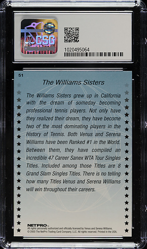 2003 Netpro International Series Tennis #51 The Williams Sisters CSG GEM MINT 9.5