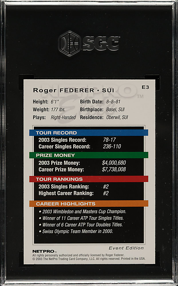 2003 Netpro Elite Tennis Event Edition #E3 Roger Federer White Shirt SGC GEM MINT 10