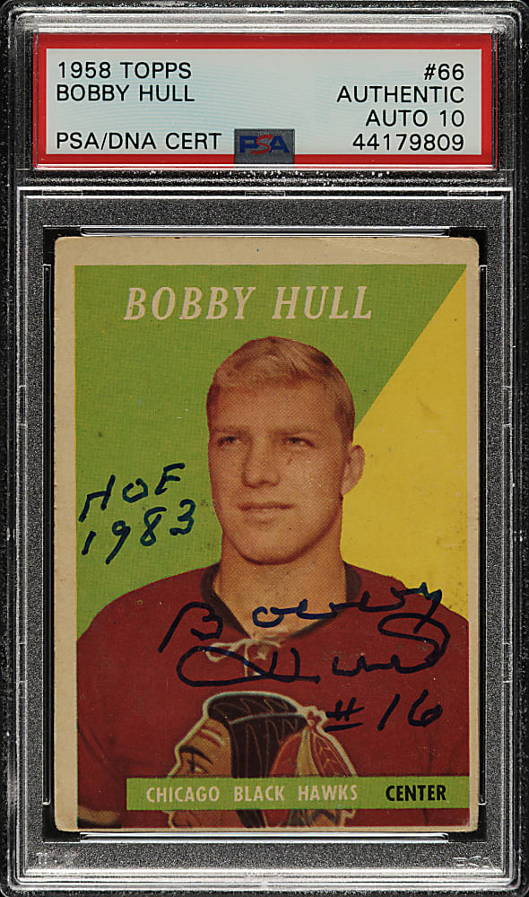 Signed 1958-1959 Topps Hockey #66 Bobby Hull Rookie with "HOF 1983" Inscription PSA/DNA GEM MINT 10