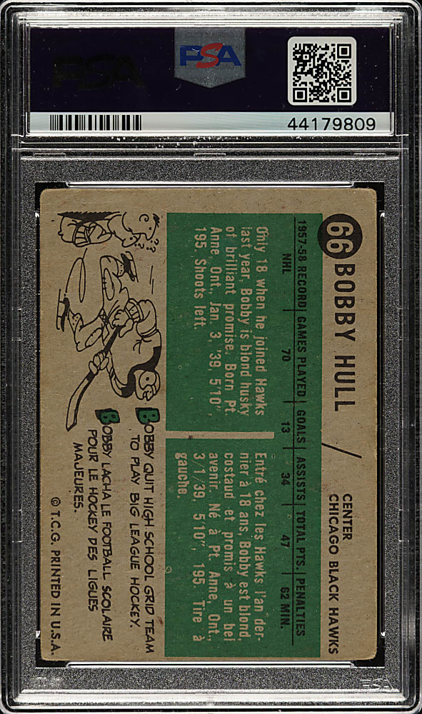 Signed 1958-1959 Topps Hockey #66 Bobby Hull Rookie with "HOF 1983" Inscription PSA/DNA GEM MINT 10