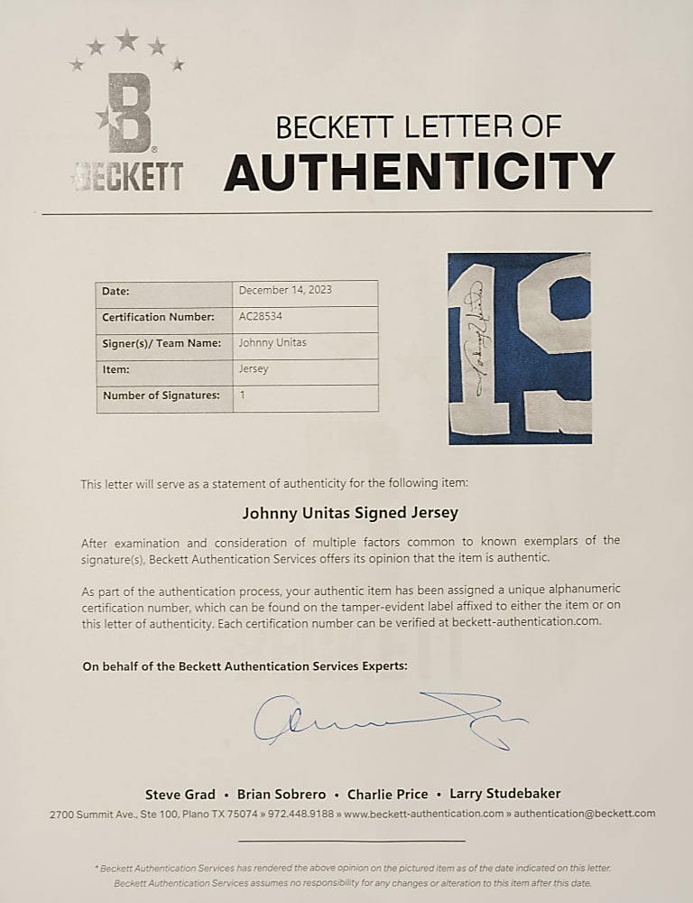Johnny Unitas Signed Baltimore Colts Jersey - Beckett