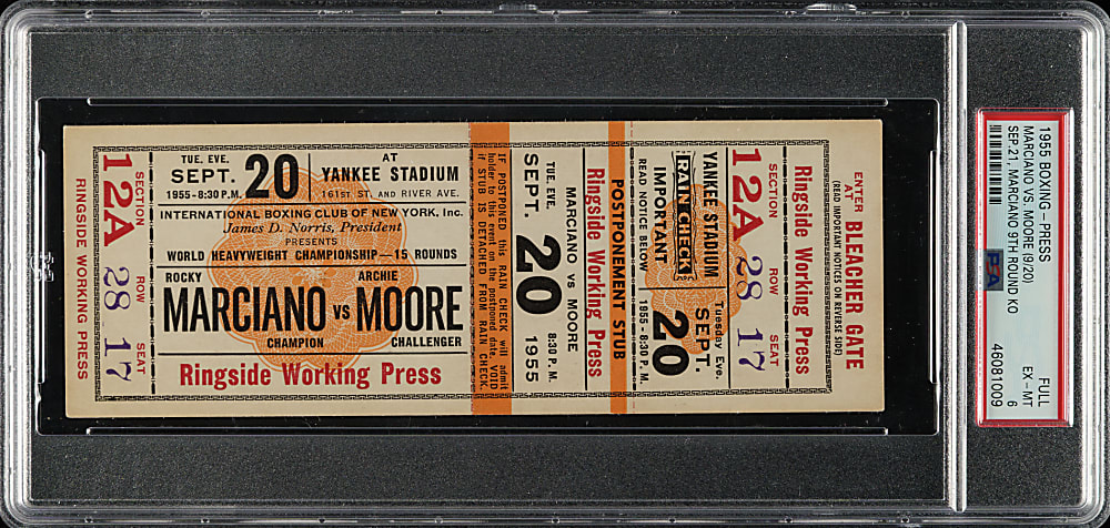 September 21, 1955 Rocky Marciano vs. Archie Moore World Heavyweight Championship Fight Full Ticket PSA EX-MT 6 - Marciano's Final Fight - 1 of 1 - Highest Graded!