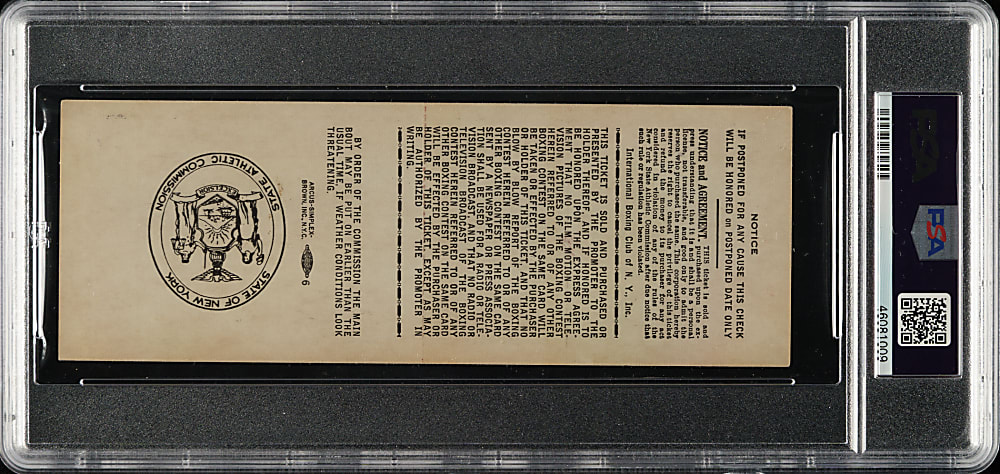 September 21, 1955 Rocky Marciano vs. Archie Moore World Heavyweight Championship Fight Full Ticket PSA EX-MT 6 - Marciano's Final Fight - 1 of 1 - Highest Graded!
