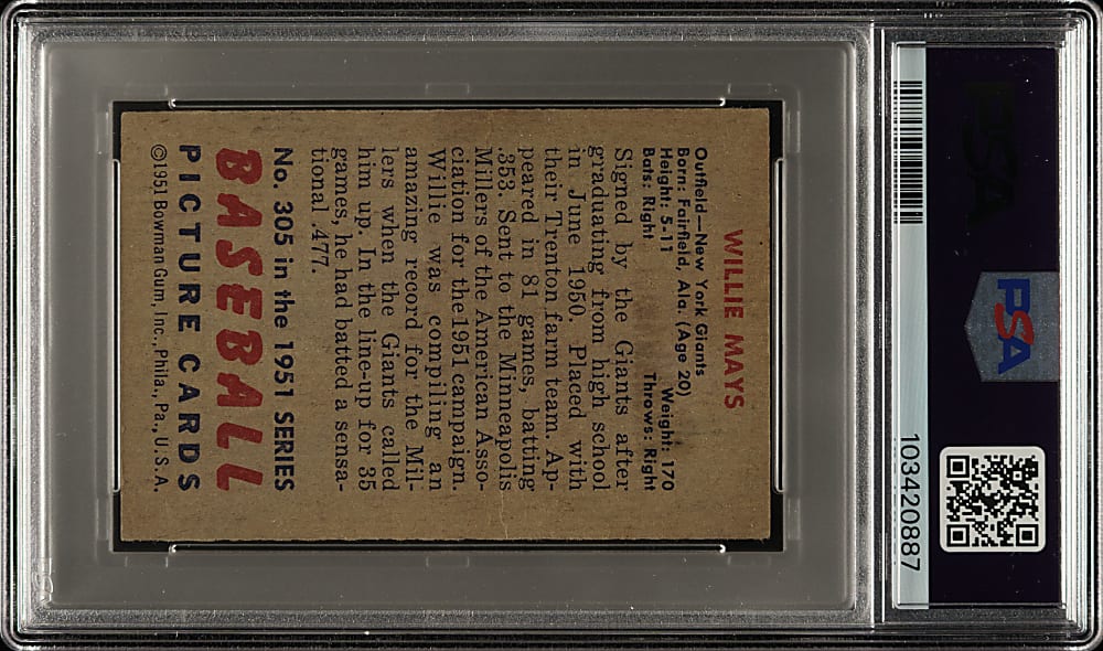 1951 Bowman #305 Willie Mays Rookie PSA GOOD 2