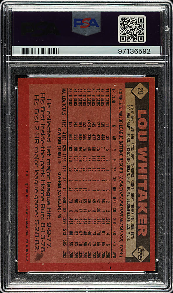 Signed 1980 Topps #20 Lou Whitaker PSA EX-MT 6 with GEM MINT 10 Signature
