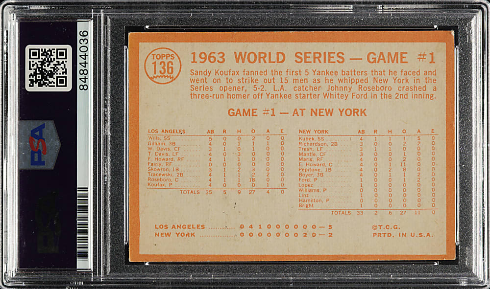 Signed 1964 Topps #136 Sandy Koufax Strikes Out 15 PSA/DNA GEM MINT 10