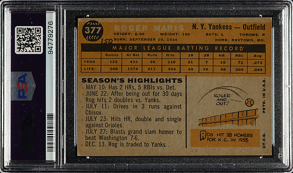 Signed 1960 Topps #377 Roger Maris PSA EX 5 with GEM MINT 10 Signature