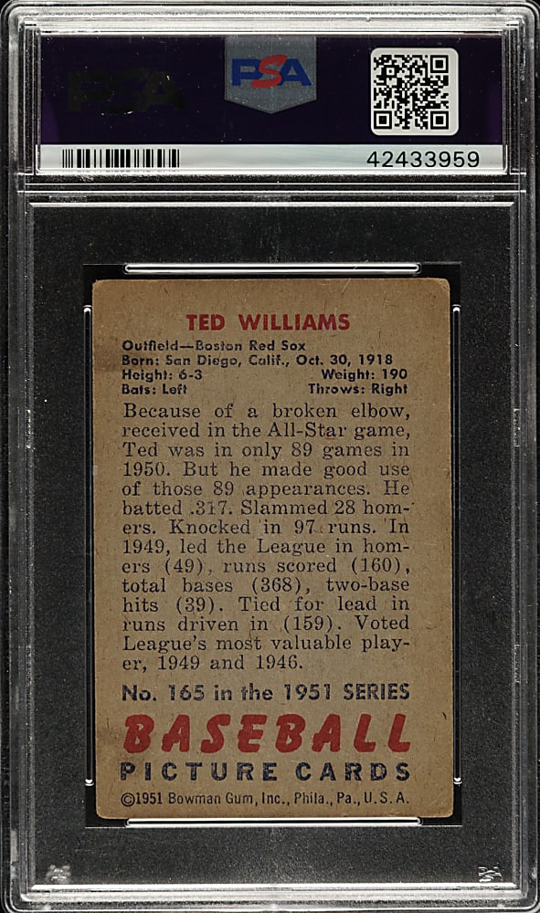 1951 Bowman #165 Ted Williams PSA VG 3