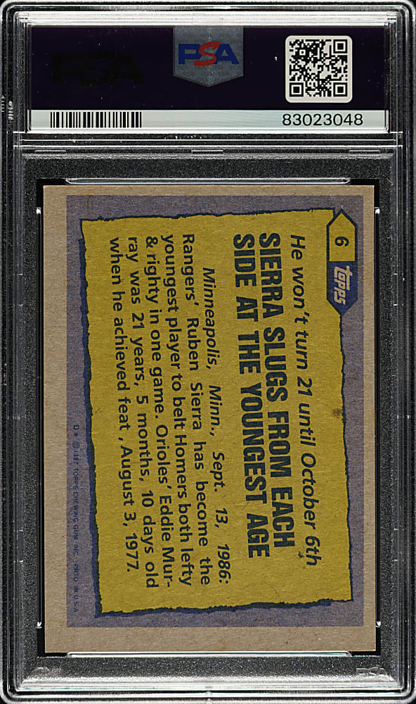 Signed 1987 Topps #6 Ruben Sierra PSA MINT 9
