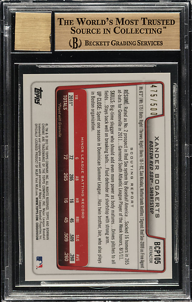 2012 Bowman Chrome Prospect Autographs #BCP105 Xander Bogaerts #475/500 BGS GEM MINT 9.5 with GEM MINT 10 Signature