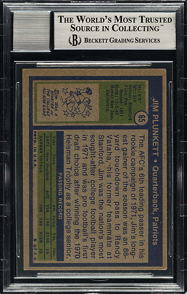 Signed 1972 Topps Football Jim Plunkett Rookie BGS GEM MINT 10