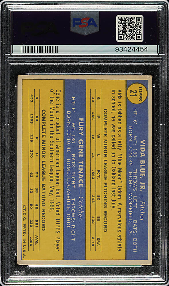 Signed 1970 Topps #21 Vida Blue Rookie  - PSA/DNA