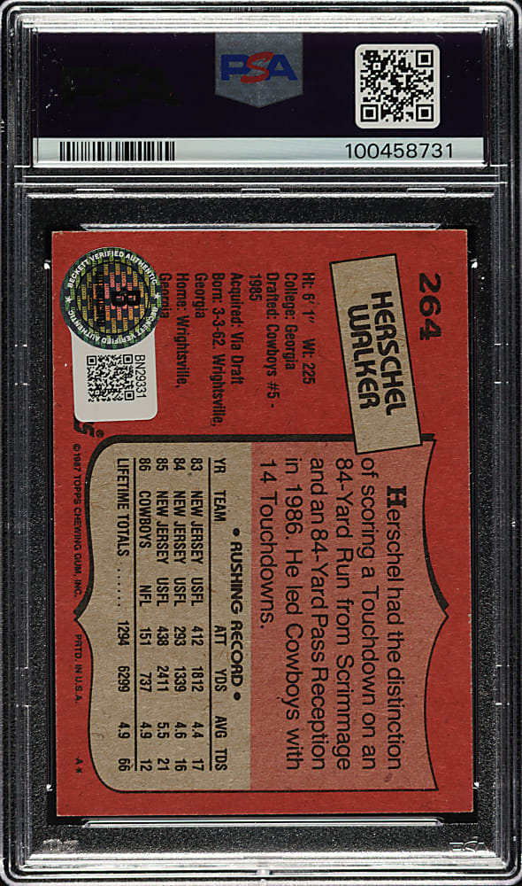 Signed 1987 Topps Football #264 Herschel Walker PSA EX-MT 6 with GEM MINT 10 Signature