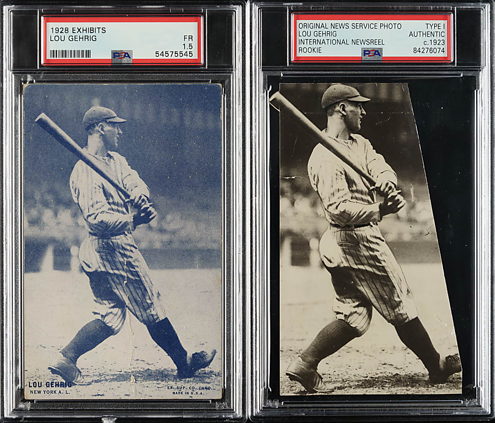 Circa 1923 Lou Gehrig Rookie Original International Newsreel Photograph PSA/DNA Type I with 1928 Exhibits PSA FAIR 1.5 - Matched Pair!