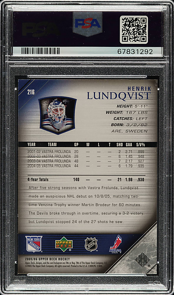 Signed 2005-2006 Upper Deck Hockey #216 Henrik Lundqvist Rookie PSA/DNA GEM MINT 10