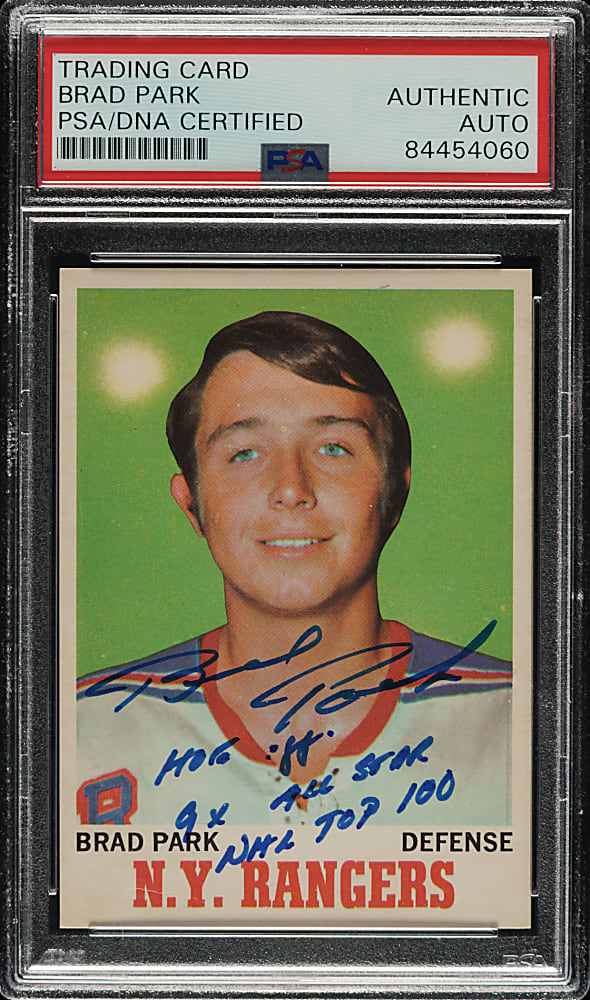 Signed 1970-1971 O-Pee-Chee Hockey #67 Brad Park Rookie with Multiple Inscription - PSA/DNA