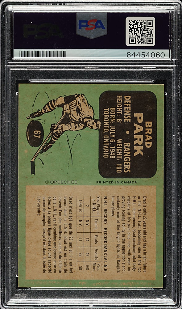 Signed 1970-1971 O-Pee-Chee Hockey #67 Brad Park Rookie with Multiple Inscription - PSA/DNA