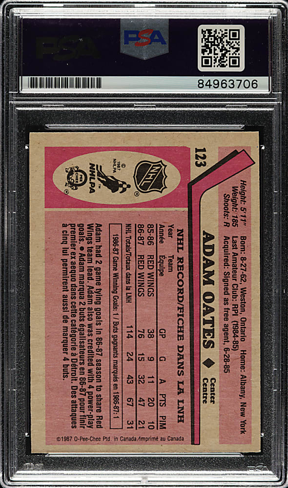 Signed 1987-1988 O-Pee-Chee Hockey #123 Adam Oates Rookie PSA/DNA GEM MINT 10