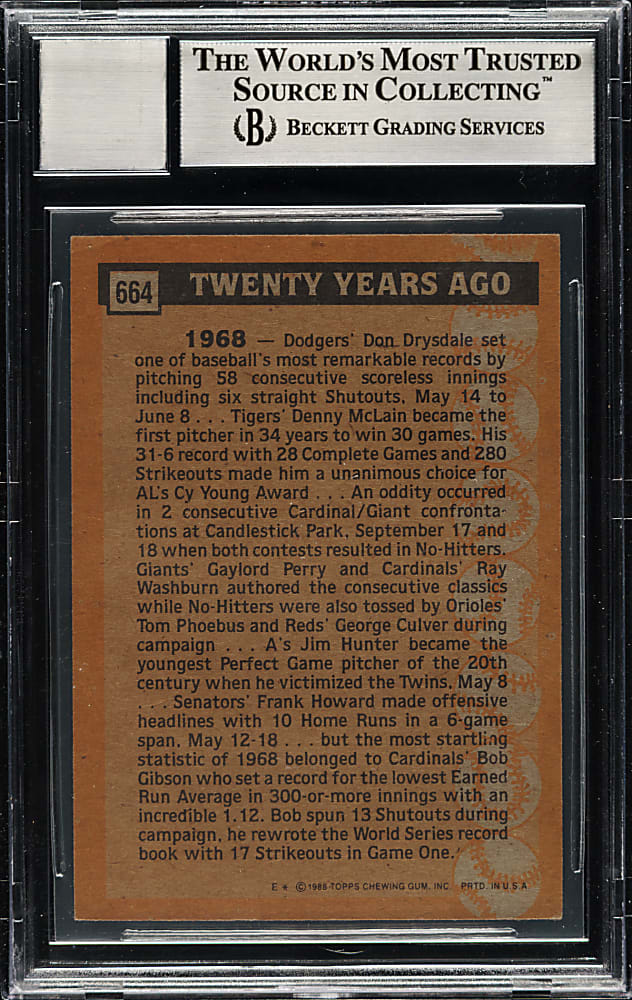 Signed 1988 Topps #664 Bob Gibson Turn Back The Clock Beckett GEM MINT 10
