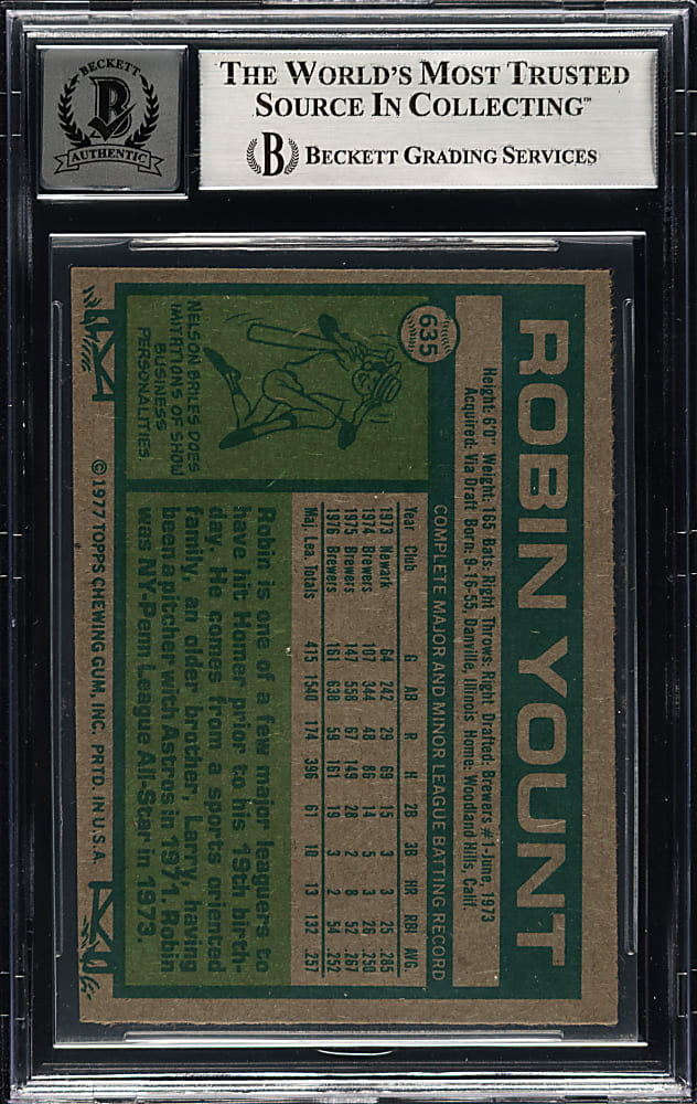 Signed 1977 Topps #635 Robin Yount Beckett GEM MINT 10
