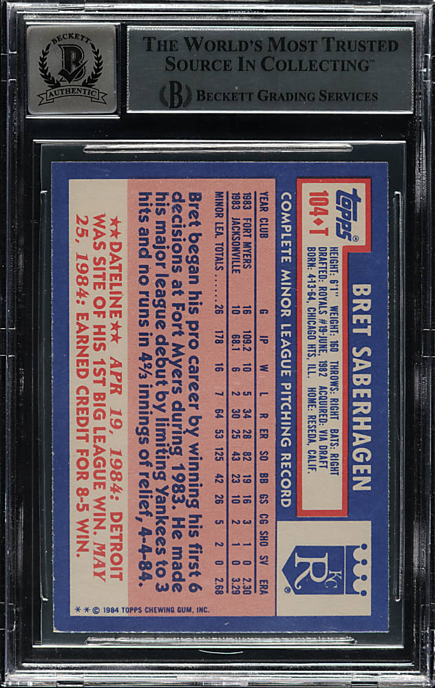 Signed 1984 Topps Traded #104T Bret Saberhagen Rookie Beckett GEM MINT 10