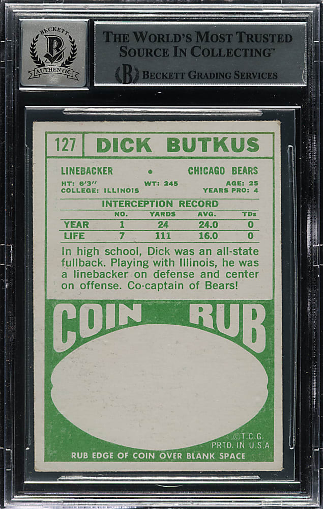 Signed 1968 Topps Football #127 Dick Butkus Beckett GEM MINT 10