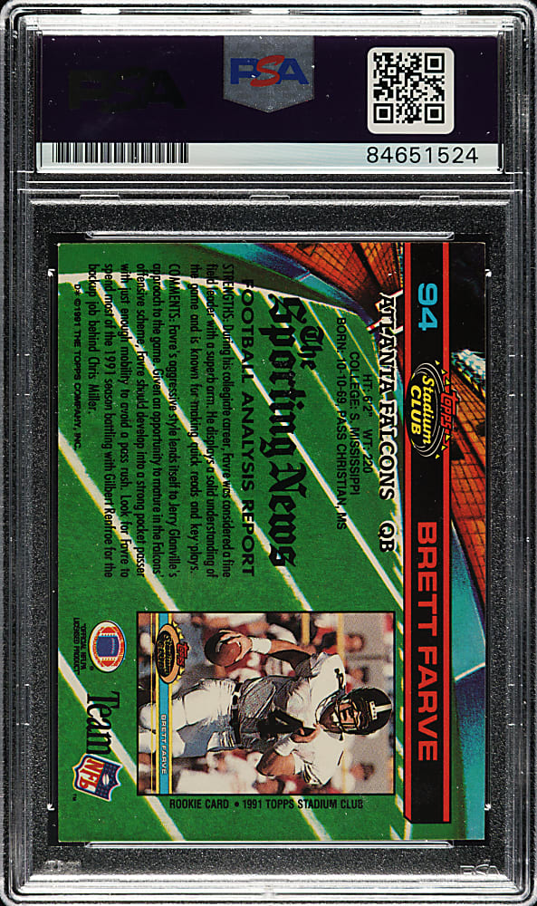 Signed 1991 Topps Stadium Club Football #94 Brett Farve Rookie PSA/DNA GEM MINT 10