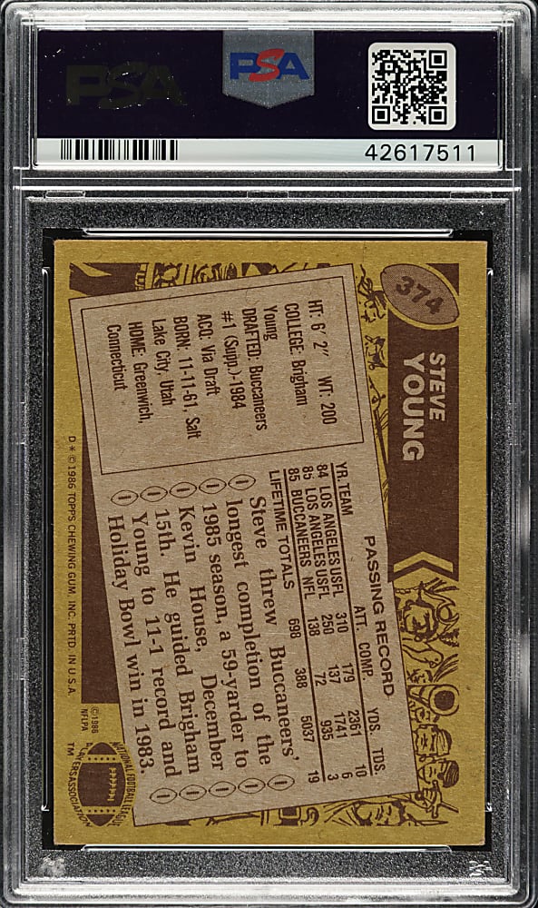 Signed 1986 Topps Football #374 Steve Young Rookie PSA/DNA MINT 9