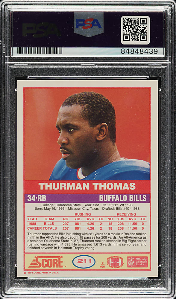 Signed 1989 Score Football #211 Thurman Thomas Rookie - PSA/DNA