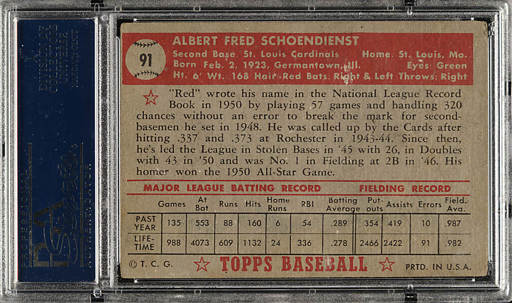 Signed 1952 Topps #91 Red Schoendienst PSA GOOD 2