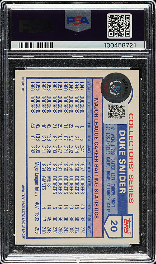 Signed 1985 Circle K #20 Duke Snider PSA EX-MT 6 with GEM MINT 10 Signature
