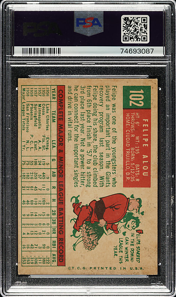 Signed 1959 Topps #102 Felipe Alou PSA VG-EX 4 with GEM MINT 10 Signature