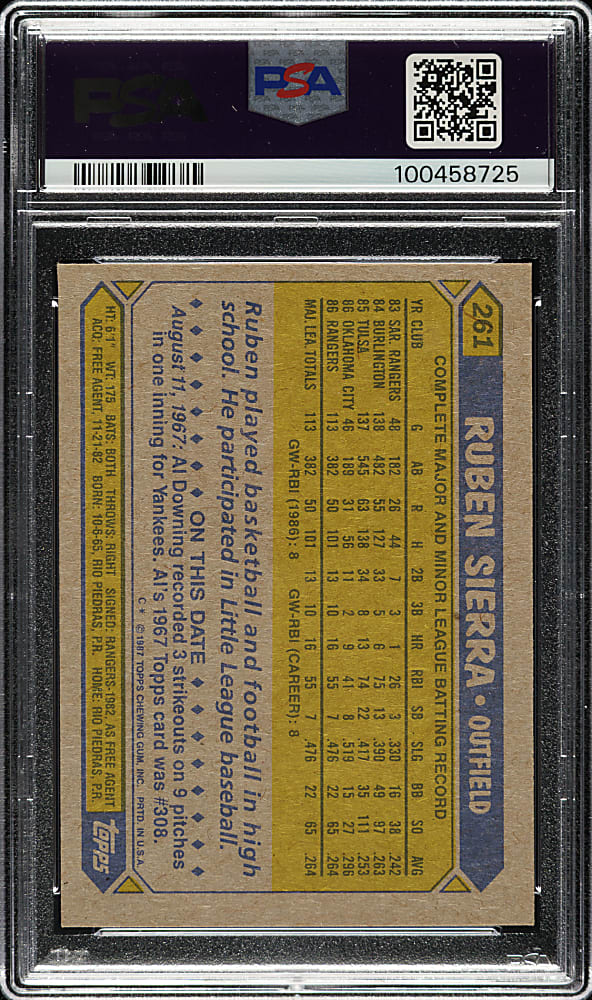 Signed 1987 Topps #261 Ruben Sierra PSA EX-MT 6 with GEM MINT 10 Signature