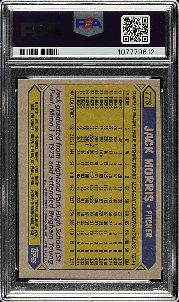 Signed 1987 Topps #778 Jack Morris PSA NM-MT 8 with MINT 9 Signature