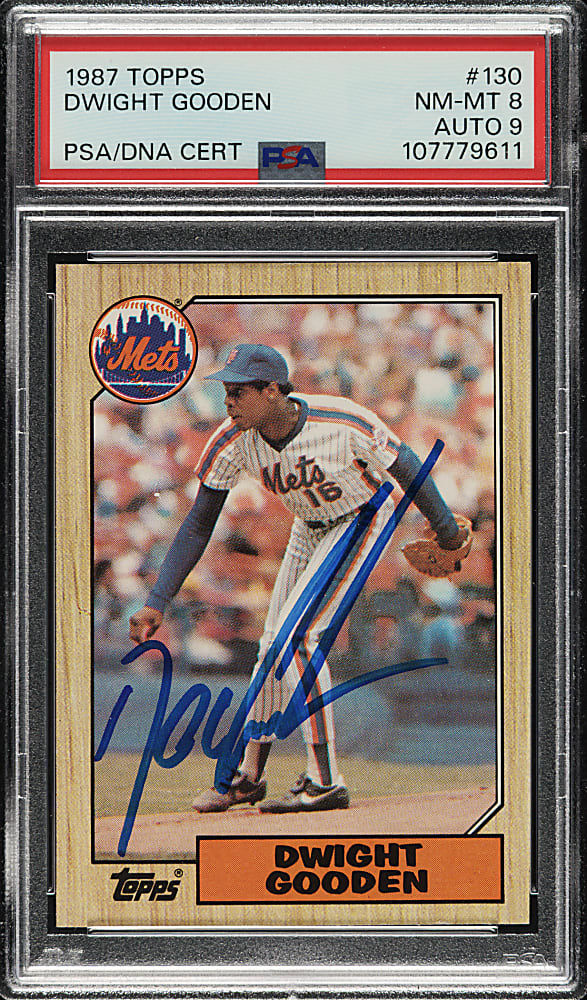 Signed 1987 Topps #130 Dwight Gooden PSA NM-MT 8 with MINT 9 Signature