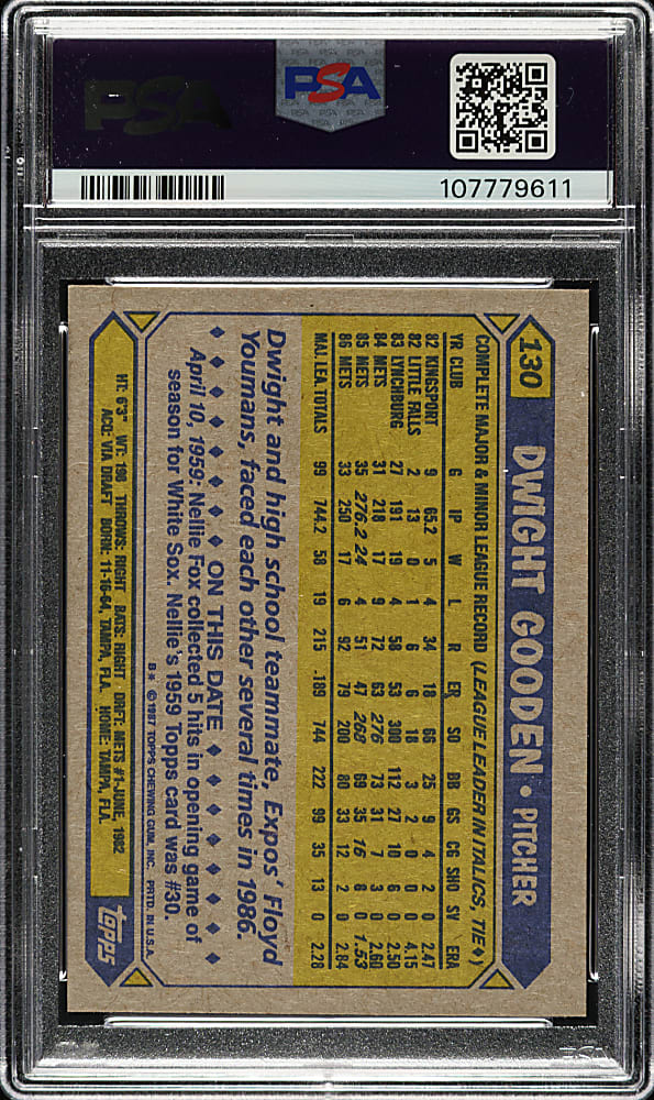 Signed 1987 Topps #130 Dwight Gooden PSA NM-MT 8 with MINT 9 Signature