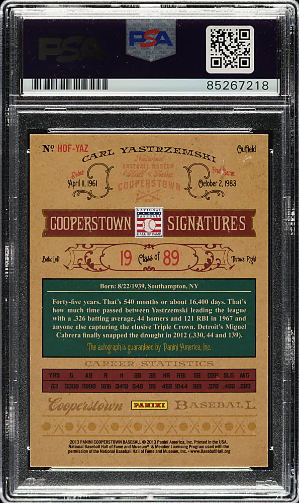 Signed 2013 Panini Cooperstown Signature #HOF-YAZ Carl Yastrzemski - PSA/DNA
