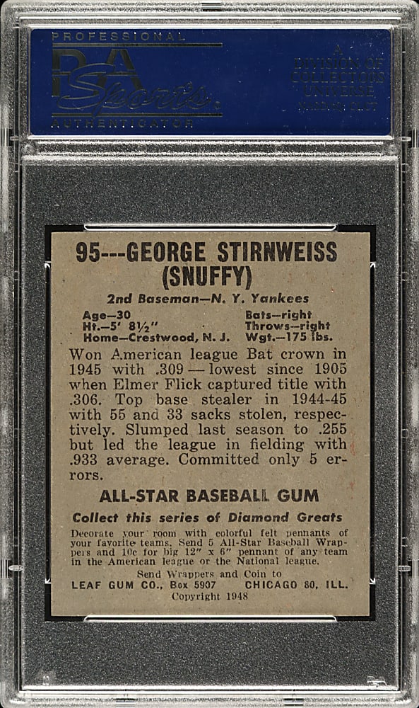 1948-1949 Leaf #95 George Stirnweiss PSA MINT 9 - Highest Graded!