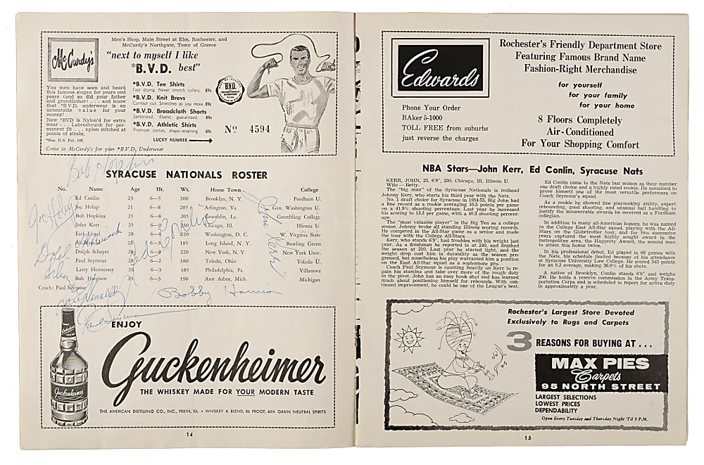 1956-1957 Rochester Royals (vs. Syracuse Nationals) Multi-Signed Program with Maurice Stokes, Jack Twyman, and Bobby Wanzer - JSA